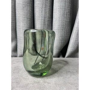 Hand Blown Art Glass Vase Candle Holder Green Optic Swirl Design Heavy 5”